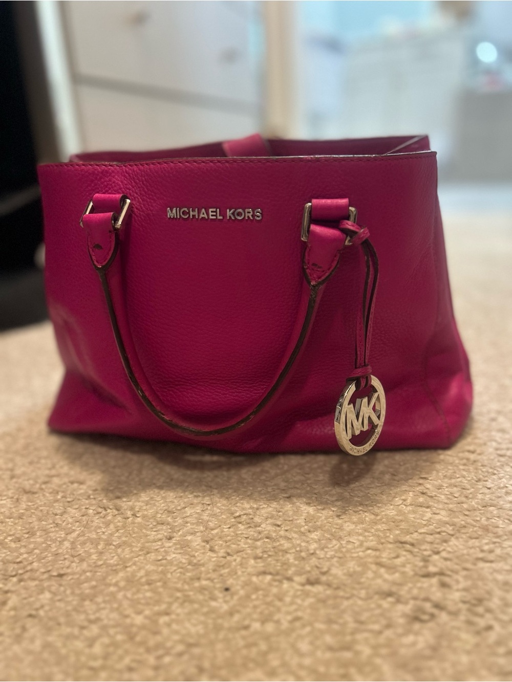 Michael Kors Fuchsia Pebbled Leather Tote with MK Charm